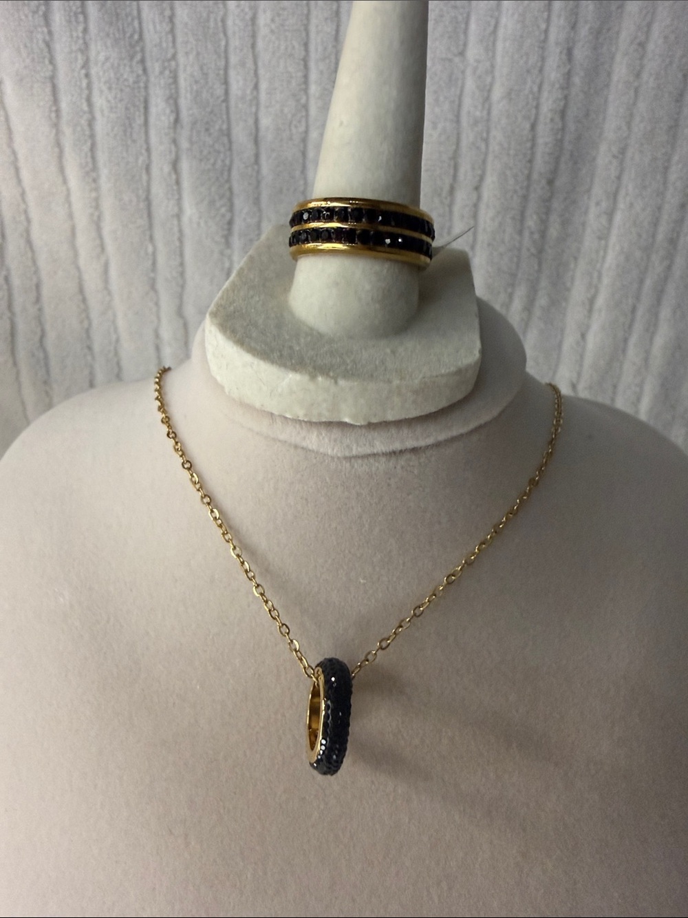 Gold filled Black Pave Ring Pendant Necklace - Women Jewelry